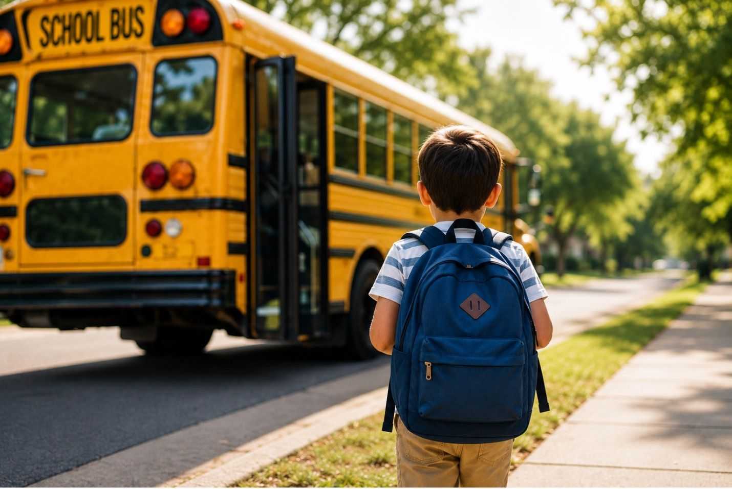 Child wearing a blue backpack approaches parked school bus