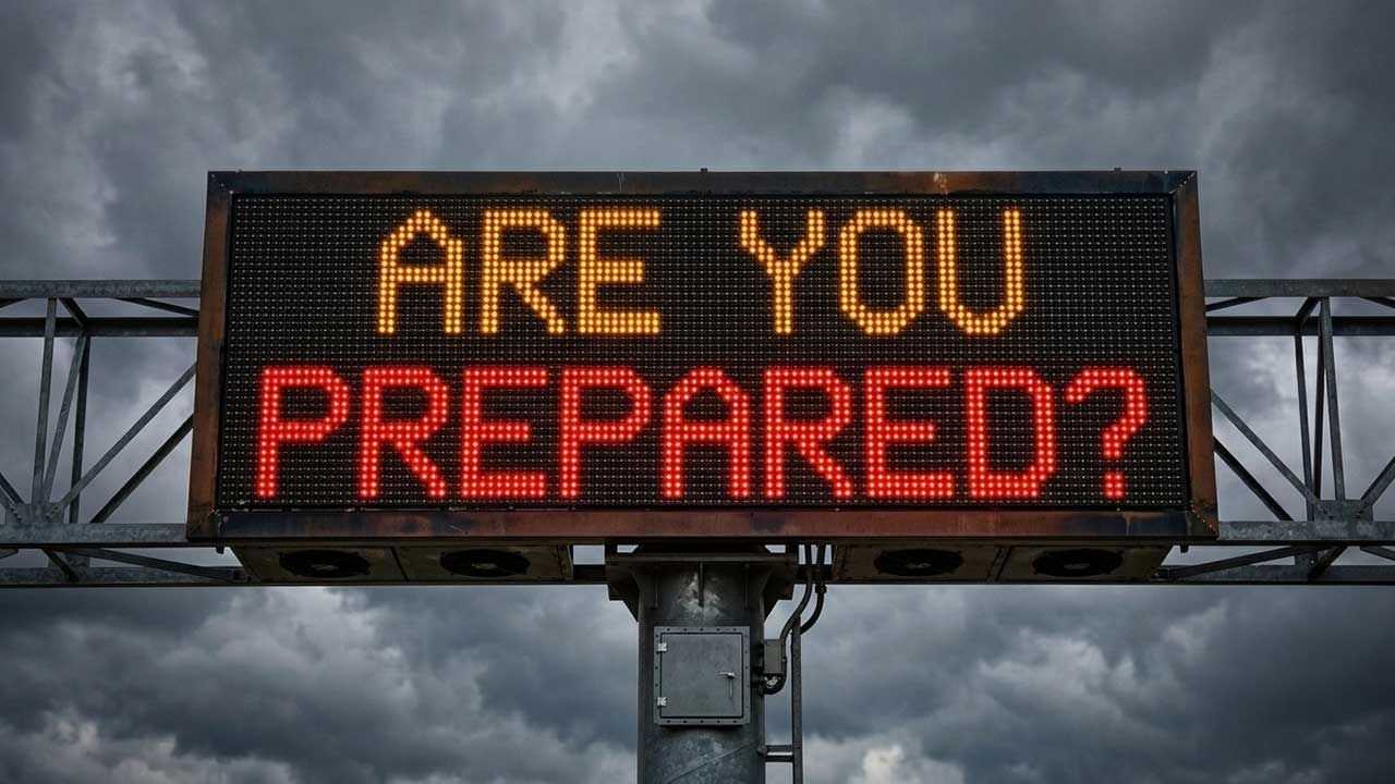 Electronic road sign displaying “ARE YOU PREPARED?” against dark storm clouds, highlighting the importance of emergency readiness before severe weather.