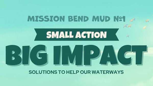 Poster header reading “Mission MUD #1 – Small Action, Big Impact, Solutions to Help Our Waterways” over a green-blue sky with birds.