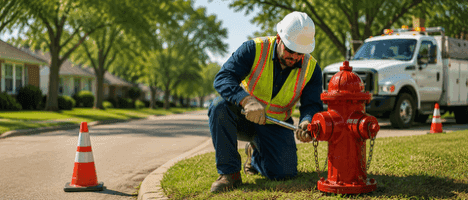 Worker kneeling to service a fire hydrant