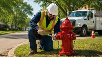 Worker kneeling to service a fire hydrant