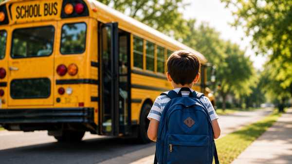 Child wearing a blue backpack approaches parked school bus