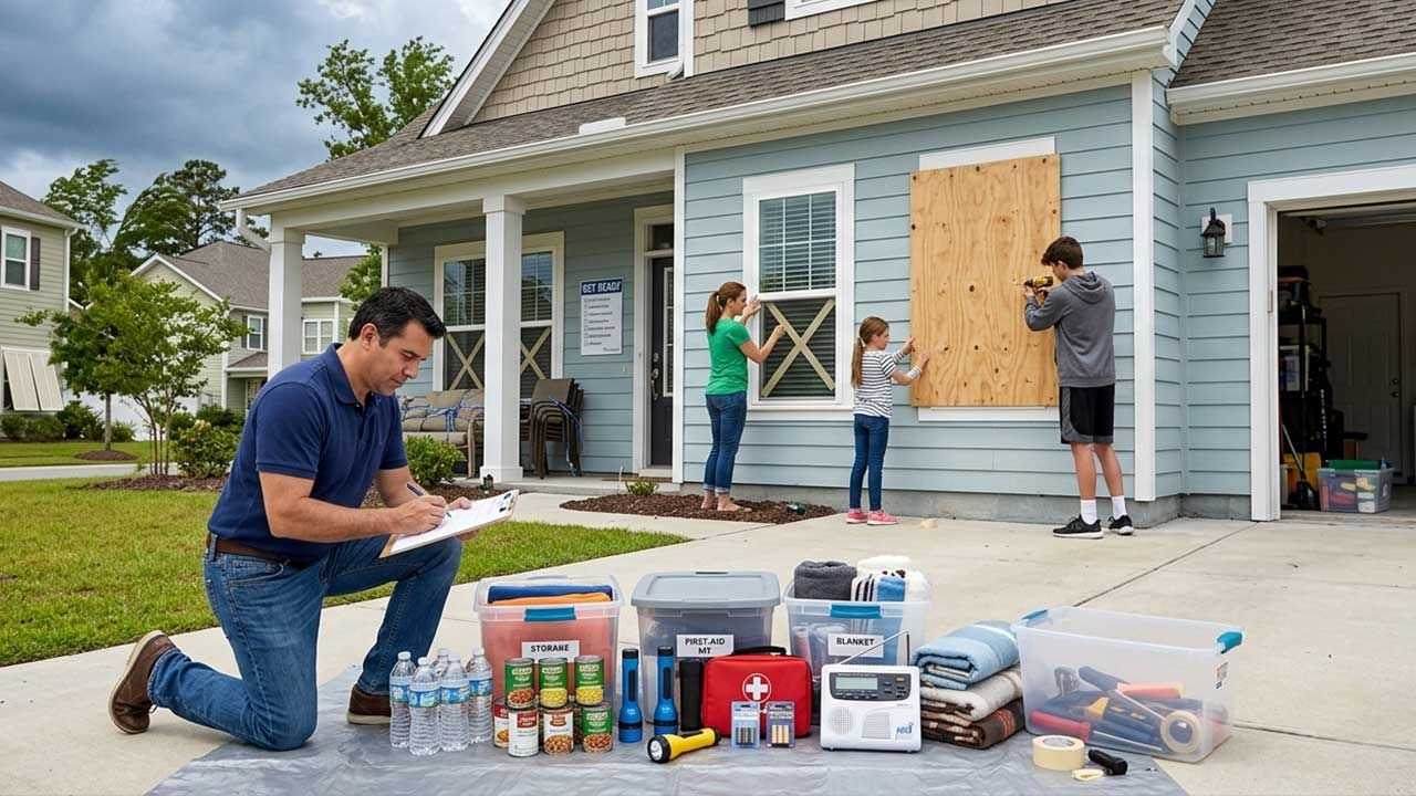 Family prepares a home for severe weather by boarding windows and organizing emergency supplies, including water, food, blankets, a first-aid kit, and a weather radio.
